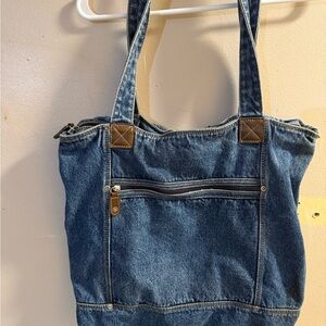 Denim Tote Bag with Brown Accents